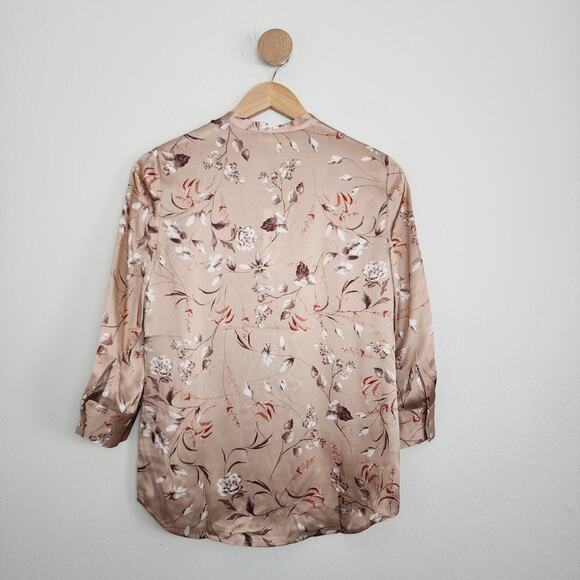 L'Agence Aoki 100% Silk Satin Floral Button-Down Blouse Beige 3/4 Sleeve XS - Picture 8 of 8